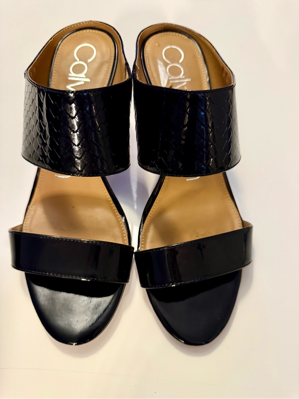 Calvin Klein Black Patent Two-Band Slide Mules